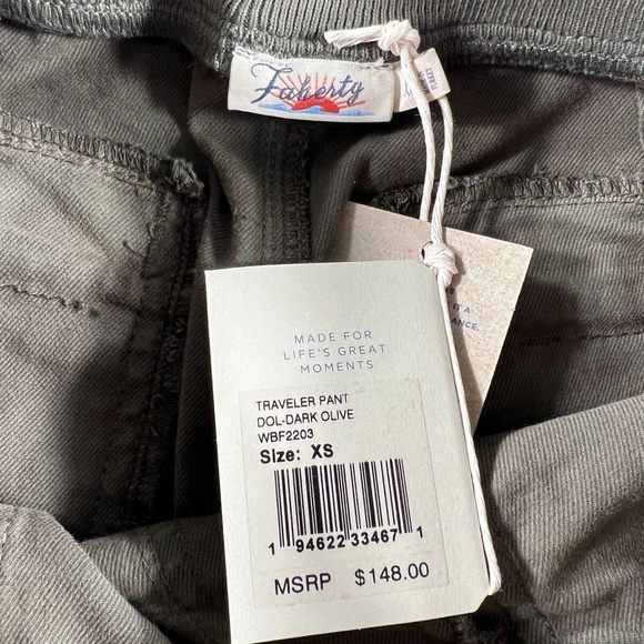 FAHERTY XS Dark Olive Traveler Pant Slim Drawstring Dimpled Knees - Picture 9 of 9